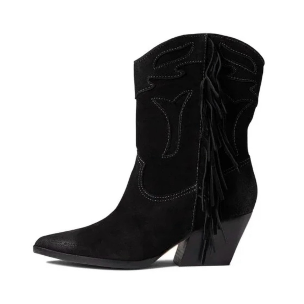 Dolce Vita Shoes Liona Black Suede Western Cowboy Fringed Boots - Picture 2 of 4
